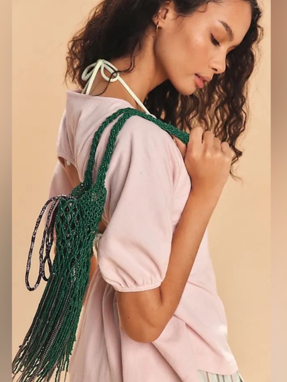 Free People Hayes Green Beaded Fringe Shoulder Bag Boho Festival NWT
